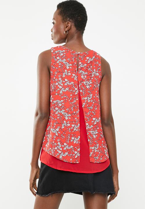 Revenge - Floral sleeveless overlay top - red & white 
