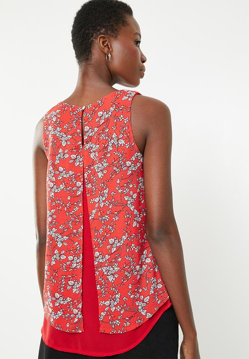 Revenge - Floral sleeveless overlay top - red & white 
