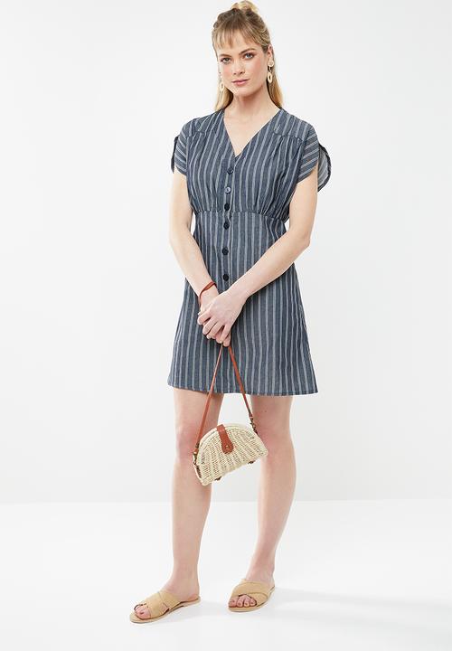 c(inch) - Front button mini dress stripe - navy & white 