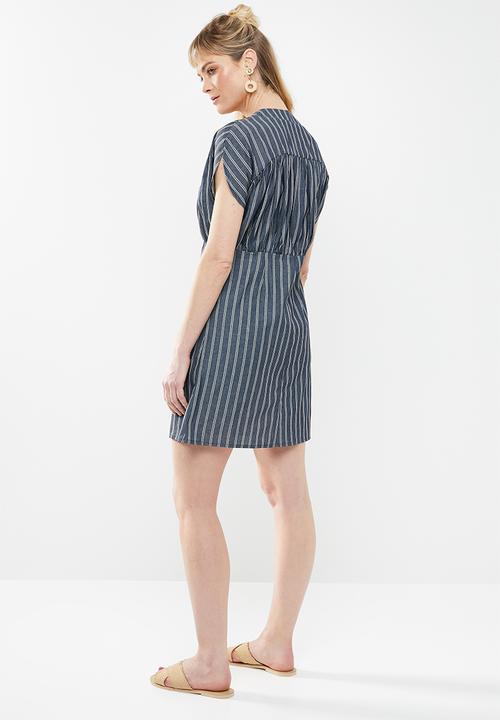 c(inch) - Front button mini dress stripe - navy & white 