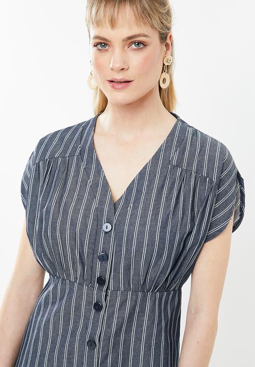 c(inch) - Front button mini dress stripe - navy & white 