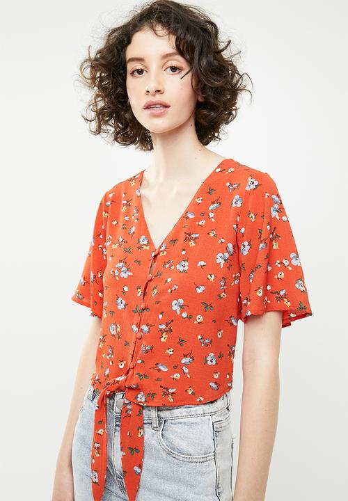 Brave Soul - Crop blouse with tie detail - orange
