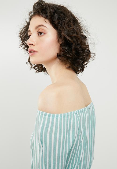 Forever21 - Off shoulder long sleeve playsuit - green & white