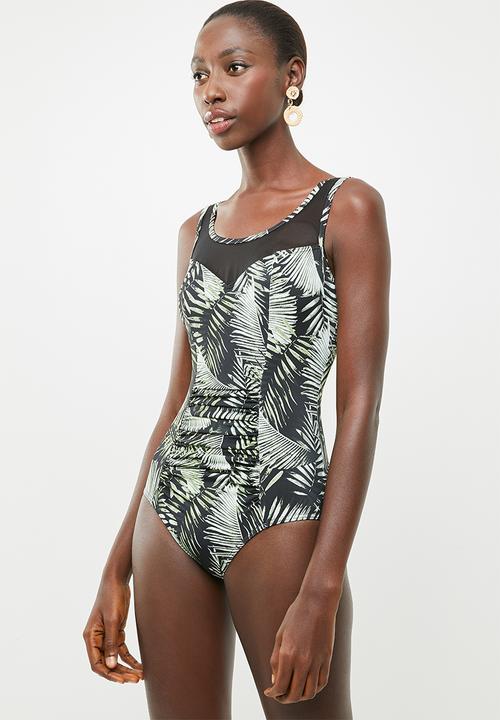 Jacqueline - Mesh palm print one piece - green & black