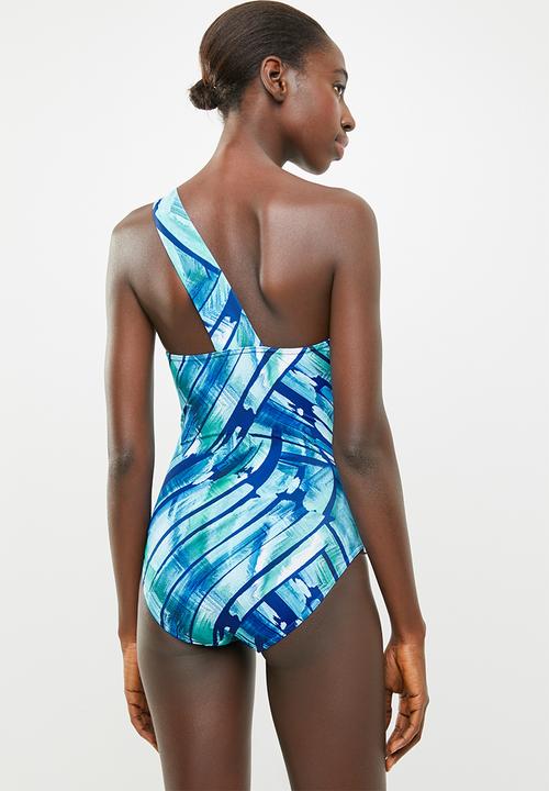 Jacqueline - Off the shoulder ruched one piece - blue