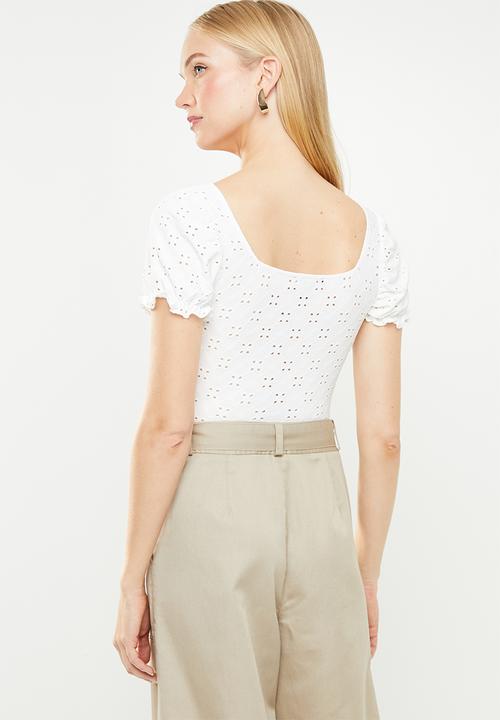 New Look - Broderie button through top - white