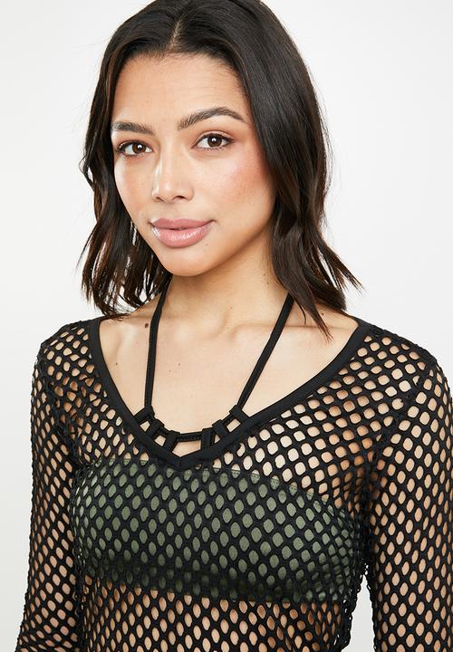 Missguided - Lace up fishnet long sleeve dress - black