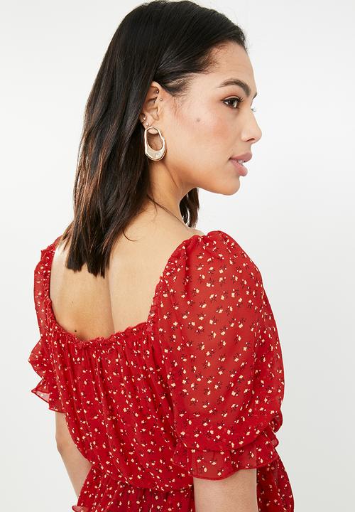 Missguided - Ditsy floral bardot top - red