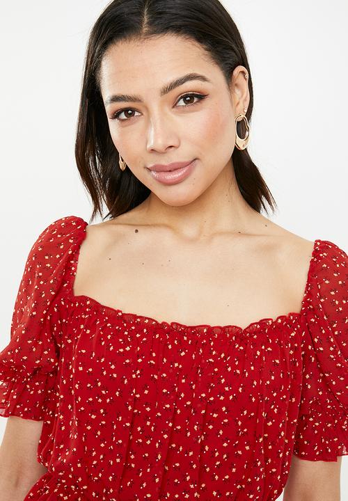 Missguided - Ditsy floral bardot top - red