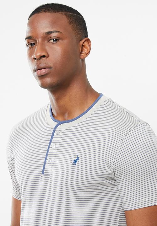 POLO - Benjamin fine stripe short sleeve henley - grey & blue