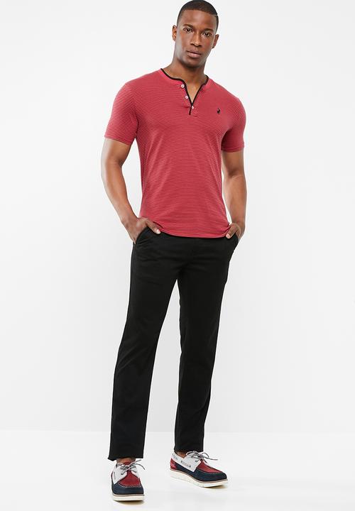 POLO - Benjamin fine stripe ss henley - red & black