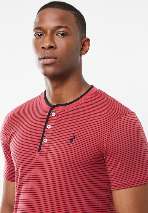 POLO - Benjamin fine stripe ss henley - red & black