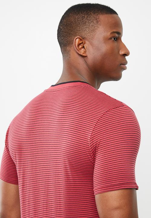 POLO - Benjamin fine stripe ss henley - red & black