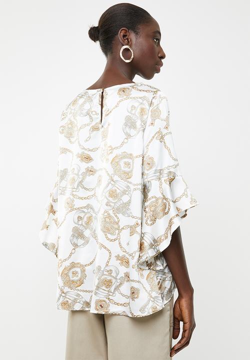 Revenge - Flutter sleeve top - white & gold 