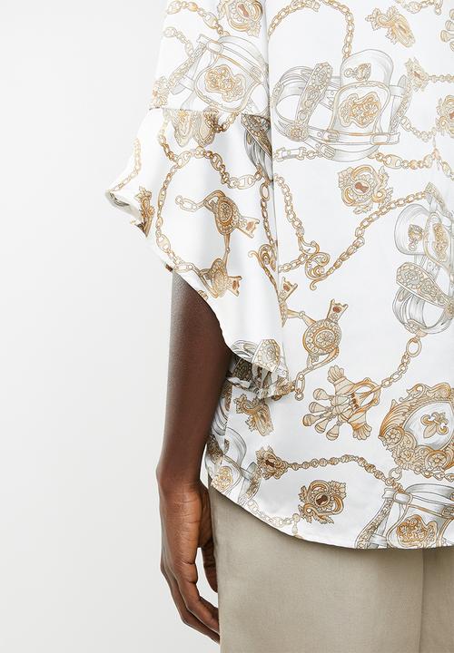 Revenge - Flutter sleeve top - white & gold 