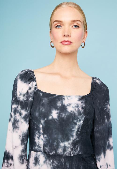 Superbalist - Square neck tie-dye dress - navy & white