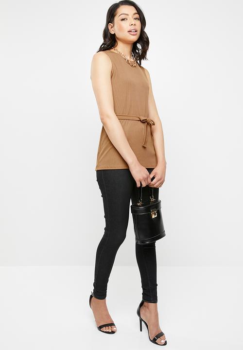 Missguided - Round neck ribbed tie waist top - brown