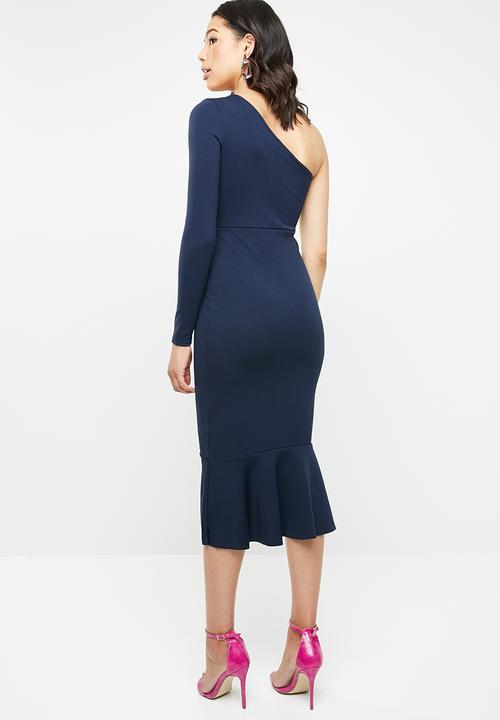 Missguided - One shoulder fishtail bodycon midi dress - navy