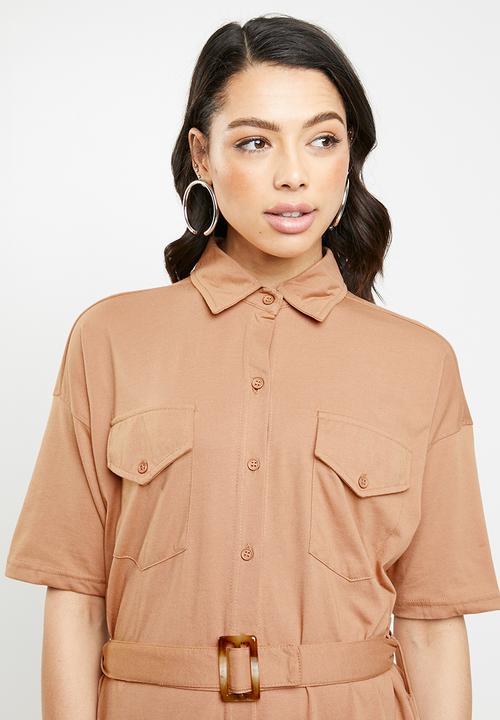 Missguided - Jersey belted shirt dress - brown