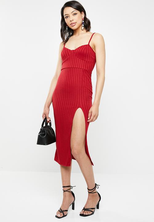 Missguided - Ribbed slit front midi dress - red
