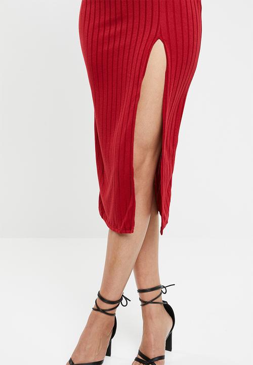 Missguided - Ribbed slit front midi dress - red