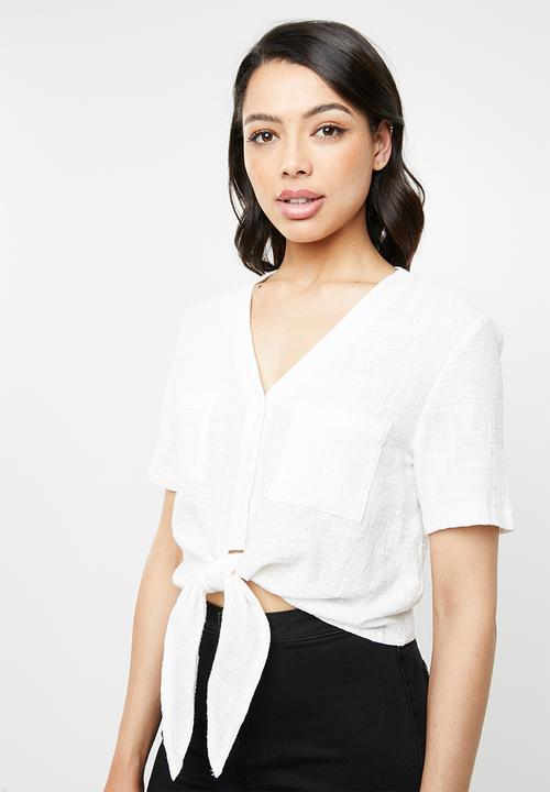 Missguided - Tie front short sleeve shirt - cream