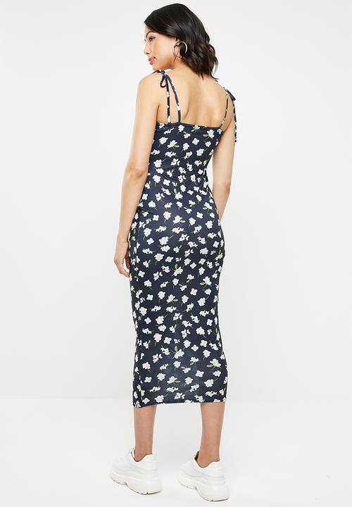 Missguided - Floral cami tie sleeve midi dress - navy