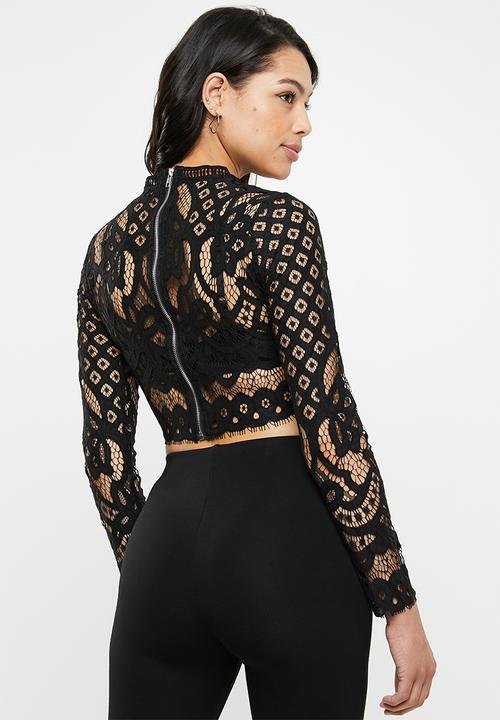 Missguided - High neck patterned lace crop top - black
