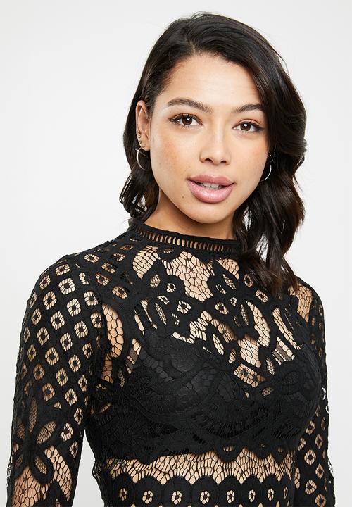 Missguided - High neck patterned lace crop top - black