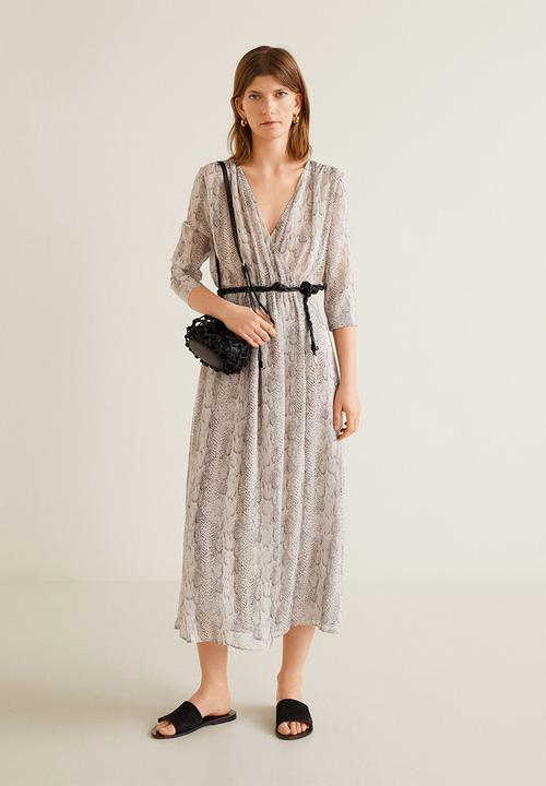 MANGO - Snake printed crossover midi dress - grey