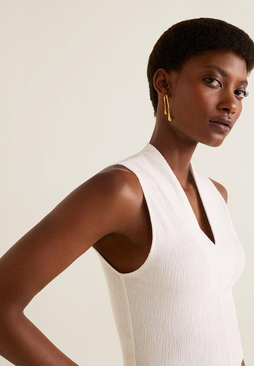 MANGO - Textured cotton V-neck top - white
