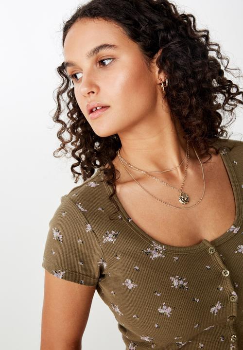 Cotton On - Lola waffle button through top - khaki