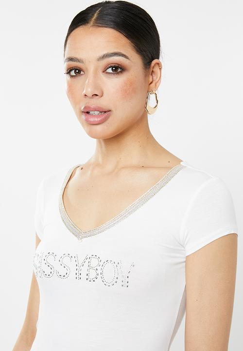 SISSY BOY - V-neck logo with bling trim - white