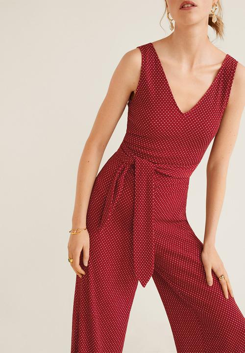 MANGO - Long spotted printed jumpsuit with tie-waist - red & white 