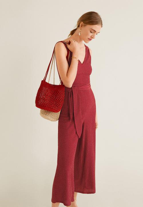 MANGO - Long spotted printed jumpsuit with tie-waist - red & white 