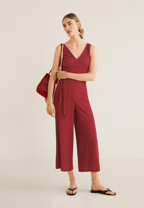 MANGO - Long spotted printed jumpsuit with tie-waist - red & white 