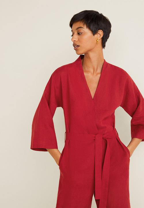 MANGO - Long linen-blend batwing sleeve jumpsuit - red