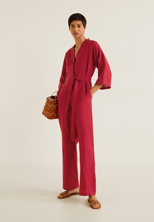 MANGO - Long linen-blend batwing sleeve jumpsuit - red