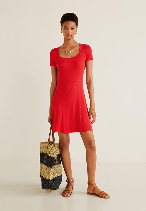 MANGO - Ribbed flared jersey dress - red