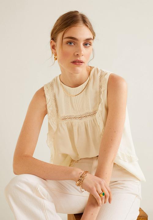 MANGO - Lace detail blouse - off white