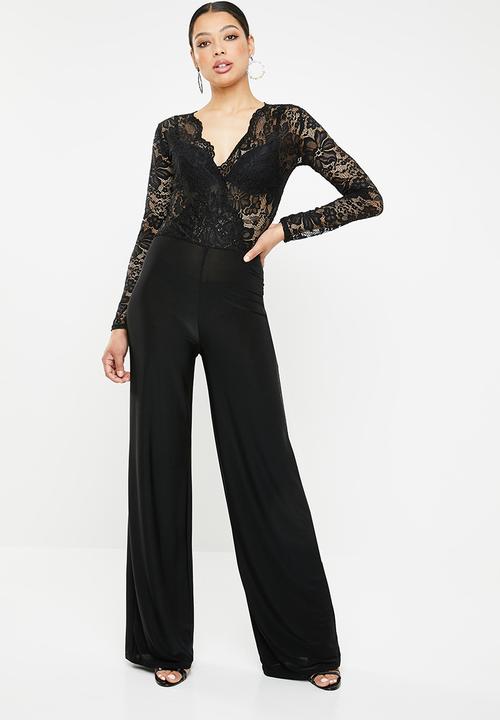 Lace long sleeve wide leg jumpsuit - black Missguided Jumpsuits ...