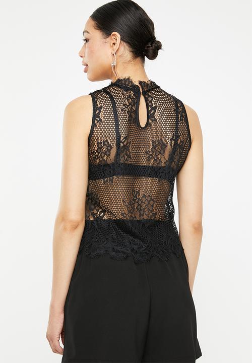 Missguided - Sleeveless high neck lace blouse - black