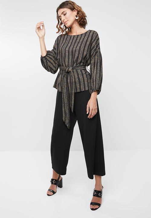 edit - Lantern sleeve geo print blouse - brown & black