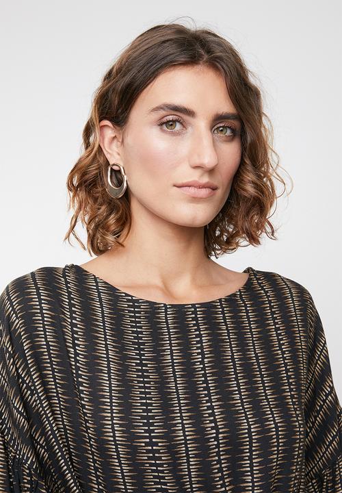 edit - Lantern sleeve geo print blouse - brown & black