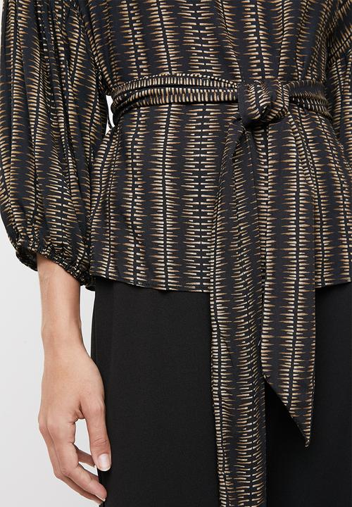 edit - Lantern sleeve geo print blouse - brown & black