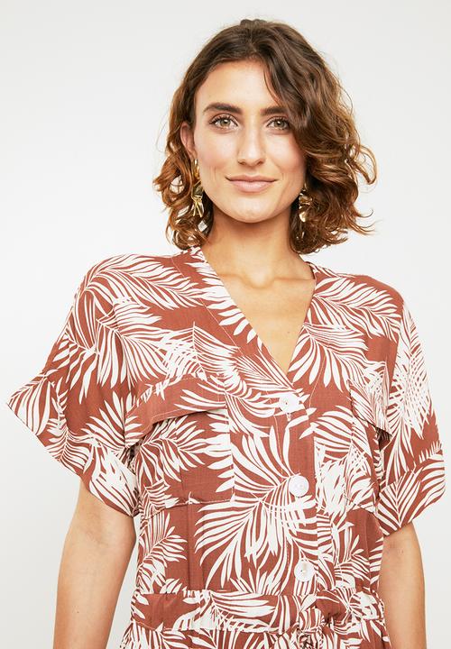 Me&B - Palm print dress - brown & white