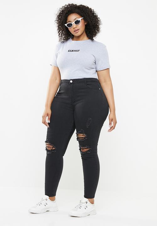 Missguided - Curve highwaisted ripped skinny - black