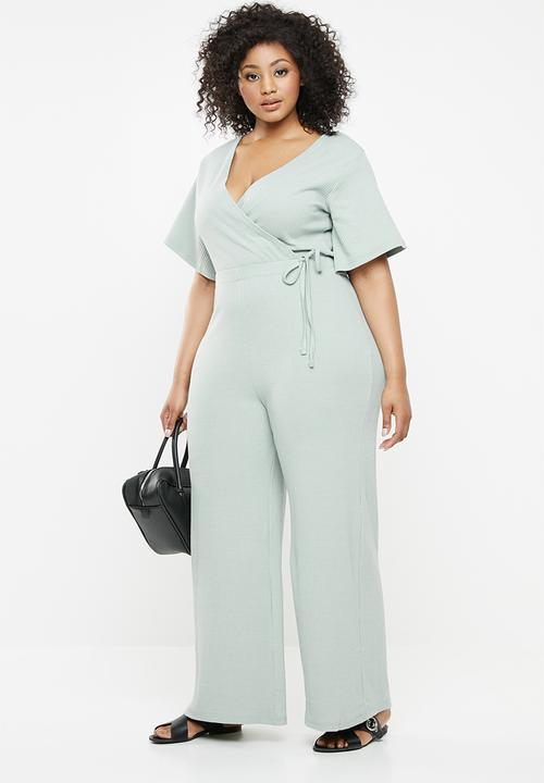 Missguided - Curve V-neck wide leg rib jumpsuit - green 