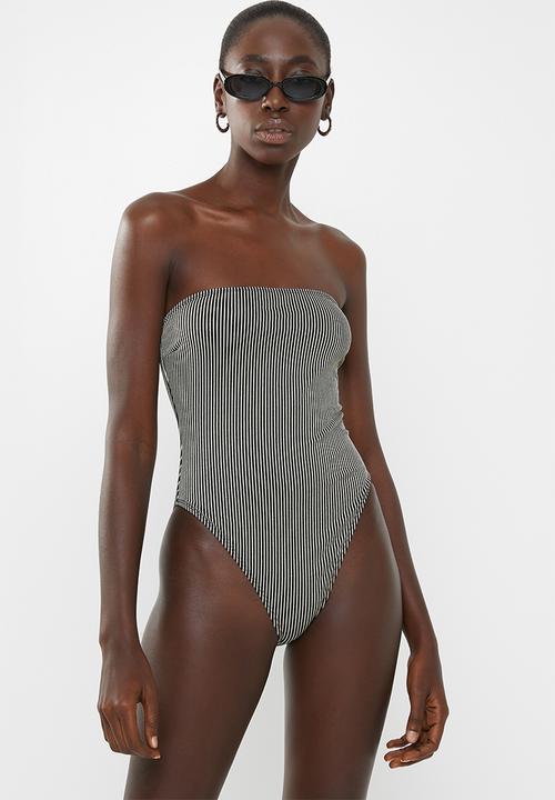 Missguided - Metallic stripe bandeau swimsuit - black & gold 