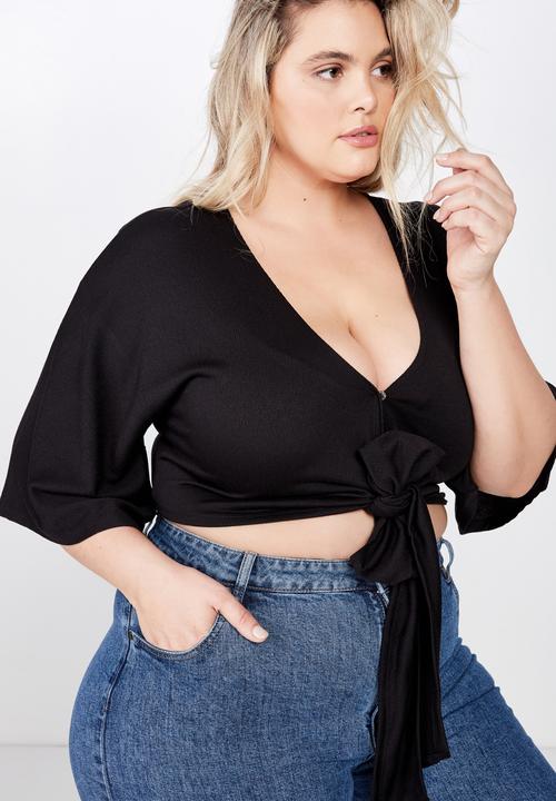 Cotton On - Curve jude kimono tie up front top - black